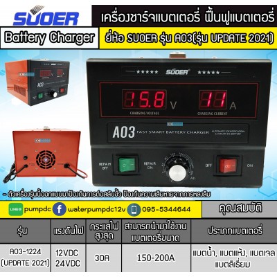 เครื่องชาร์จ-ฟื้นฟูแบตเตอรี่ระบบสลายซัลเฟต SUOER NEW รุ่น A03-1224 ( รุ่น UPDATE 2019) เครื่องชาร์จ-ฟื้นฟูแบตเตอรี่ระบบสลายซัลเฟต SUOER NEW รุ่น A03-1224 ( รุ่น UPDATE 2019)